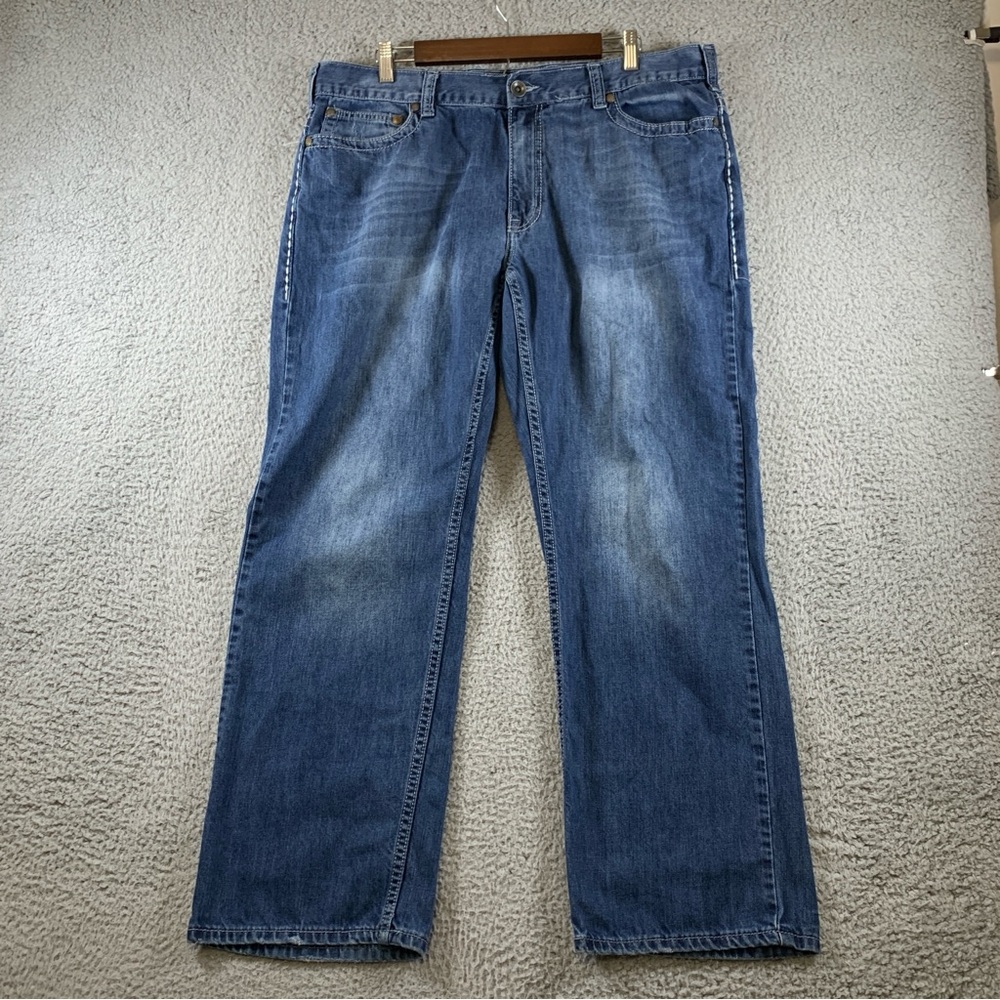 Helix Jeans Mens 38x30 Straight Relaxed Embroidered Flap Pocket 100% Cotton Blue